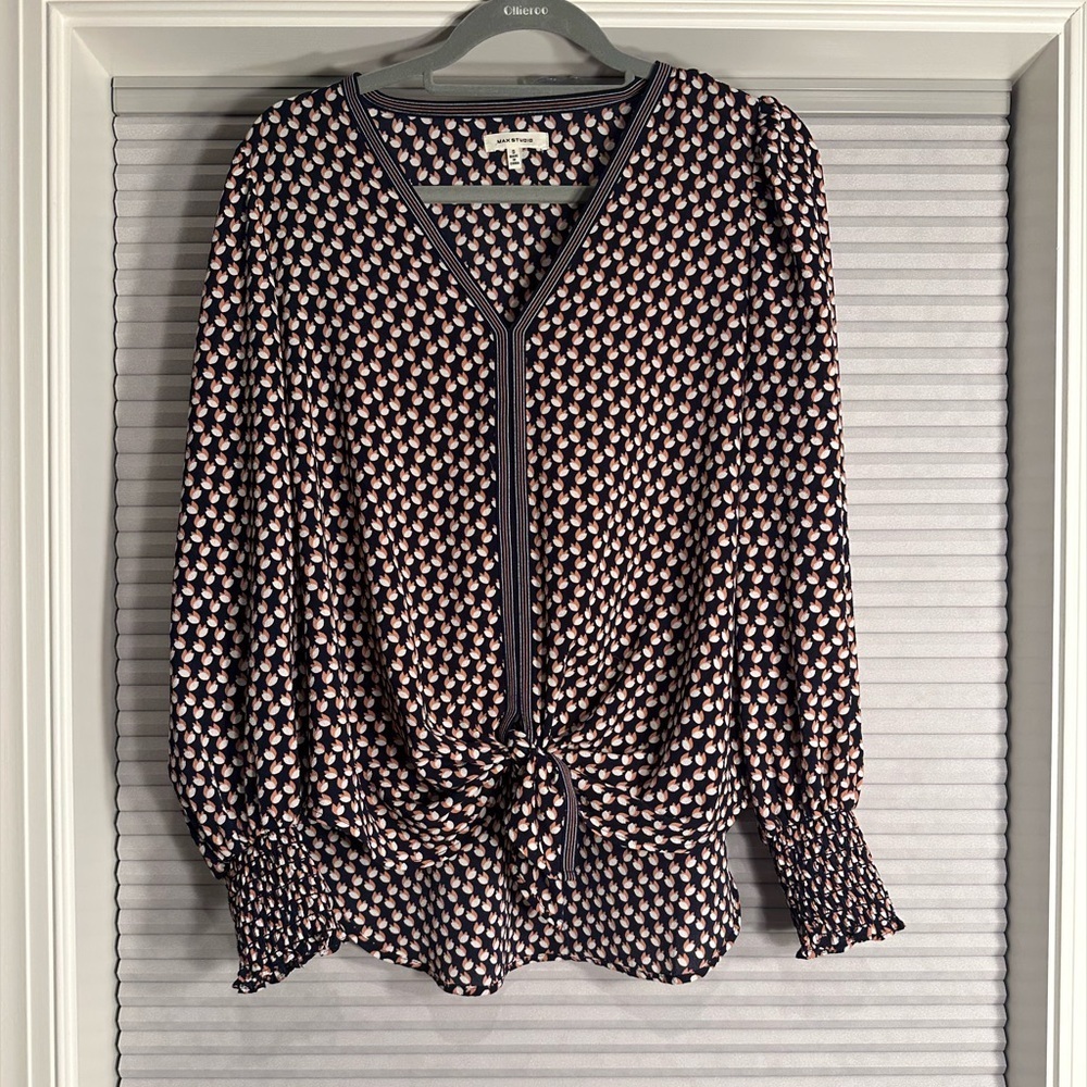 EUC tulip-print, tie-front, long-sleeve blouse navy, peach, and white